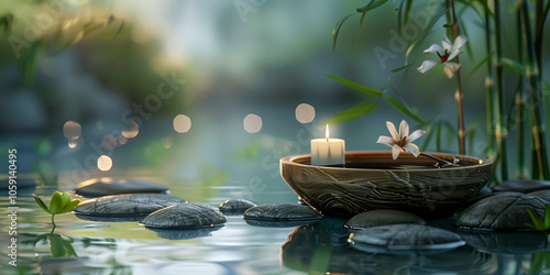 Floating candle and flowers in tranquil water garden setting photo