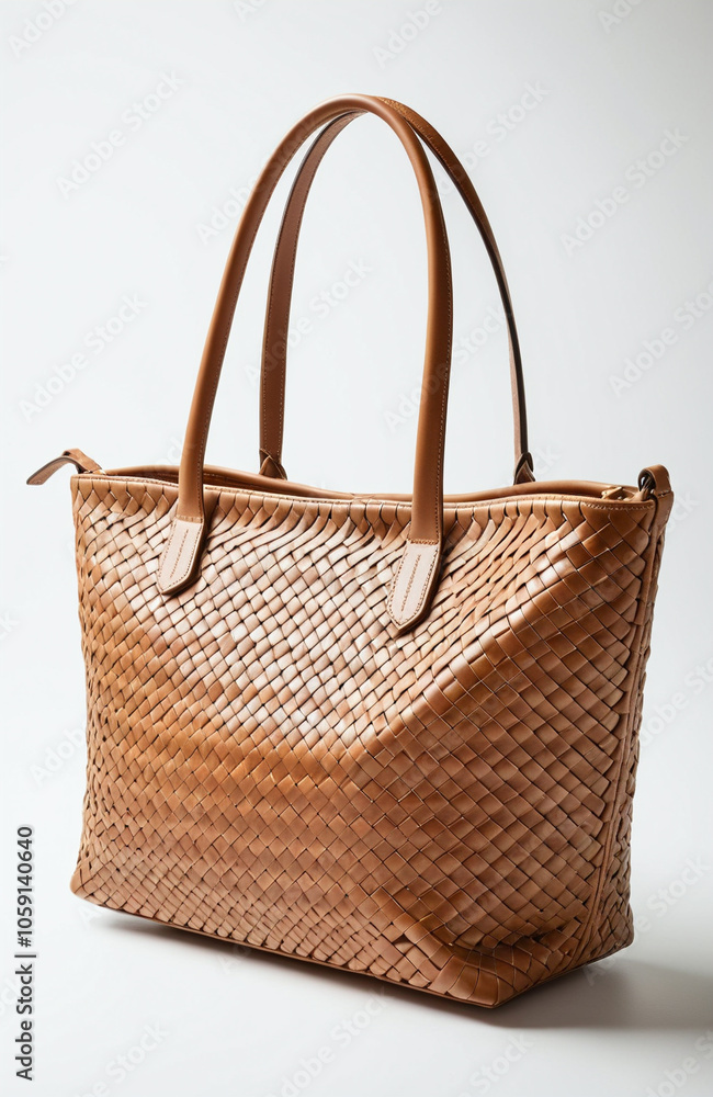 Premium leather handbag mockup for luxury fashion brands. Elegant template featuring intricate weave pattern and sophisticated presentation.
