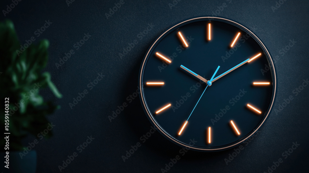 Modern wall clock with glowing orange hour markers and blue hands against a dark blue textured wall with a blurred green plant in the foreground. Modern wall clock with glowing orange hour markers and blue hands against a dark blue textured wall with a blurred green plant in the foreground.
