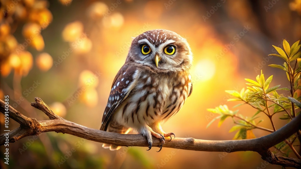 Enchanting Owl with Captivating Eyes in a Warm Hazy Atmosphere Enchanting Owl with Captivating Eyes in a Warm Hazy Atmosphere