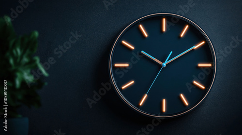 Modern wall clock with glowing orange hour markers and blue hands against a dark blue textured wall with a blurred green plant in the foreground.