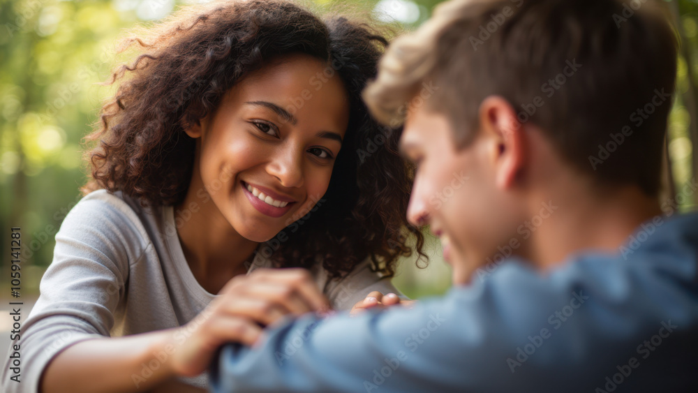 Two people in an embrace, sharing a smile and looking at each other. Two people in an embrace, sharing a smile and looking at each other.