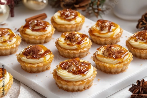 Wallpaper Mural An Instagram-worthy dessert spread showcasing elegant eggnog-flavored tarts, topped with caramelized sugar shards and a sprinkle of cinnamon, arranged on a clean white marble platter. Torontodigital.ca