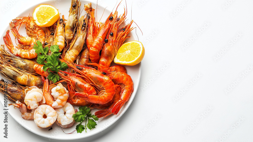 grilled shrimps plate with lemon in white background grilled shrimps plate with lemon in white background