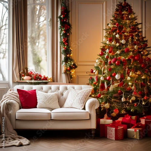 Warm Cozy Christmas Scene with Festive Tree and Off-White Sofa Adorned with Red, Gold, and Pastel Decorations in Soft Lighting

