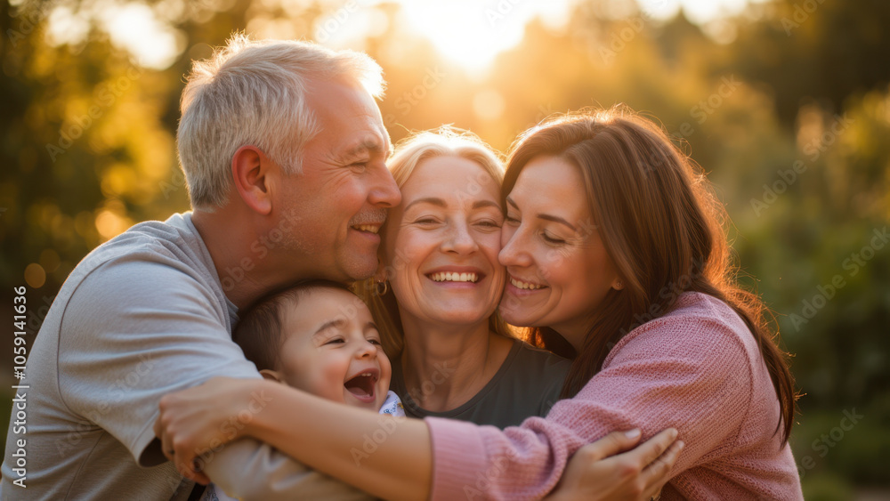 A joyful family of four hugging and smiling, with a warm sunlit background. A joyful family of four hugging and smiling, with a warm sunlit background.