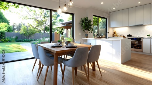 Bright and Spacious Contemporary Kitchen Interior Featuring a Wooden Dining Table Comfortable Chairs and High End Appliances in an Open Inviting Layout