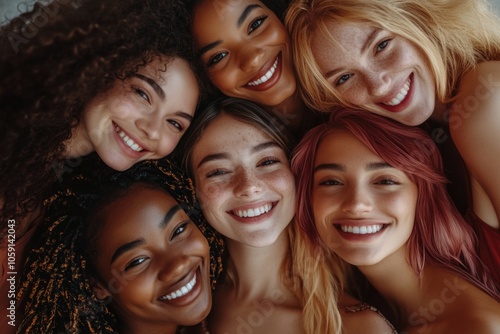 Smiling, diverse group of friends posing together for a picture.