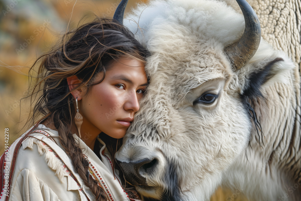 Close up portrait of a beautiful native american woman and a white bison, the White Buffalo Calf Woman Lakota Sioux goddess