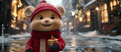 Fototapeta Naklejka Na Ścianę i Meble -  Festive Chihuahua Puppy, Christmas Celebration, Snowy Streets