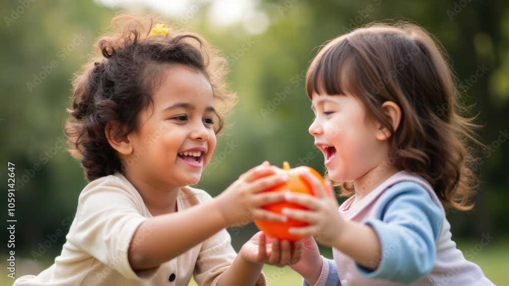 Two happy children laughing and holding up a toy. Two happy children laughing and holding up a toy.