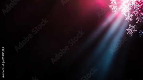 Ethereal snowflakes illuminated by soft beams of light against a dark background, creating a serene winter atmosphere