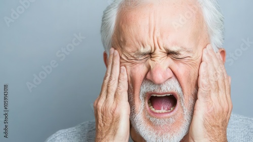 Closeup of elderly man wincing from ear pain, wrinkled face, ear infection, aging and health