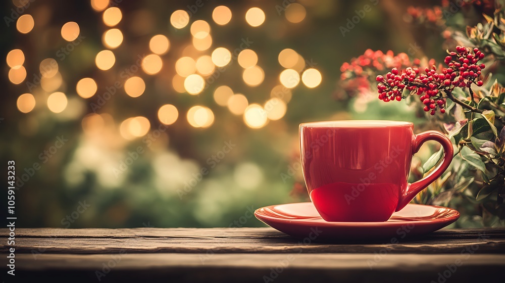 Red Cup of Coffee on Wooden Table Soft Pastel Background for Graphic Design Templates Red Cup of Coffee on Wooden Table Soft Pastel Background for Graphic Design Templates