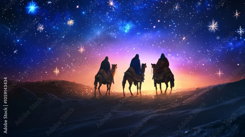 silhouette of the 3 wise men in the desert on their camels guided by a star silhouette of the 3 wise men in the desert on their camels guided by a star