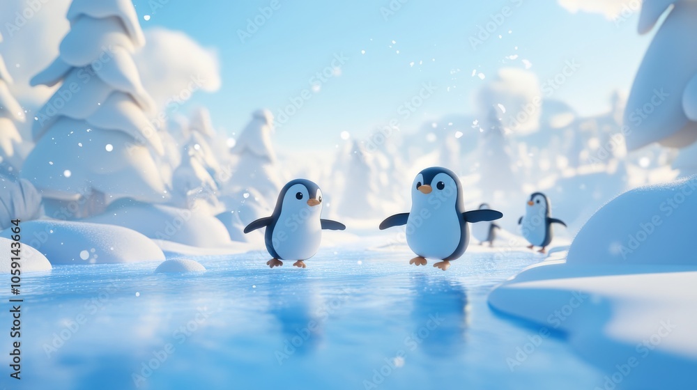 Playful Penguins on Icy Landscape Playful Penguins on Icy Landscape