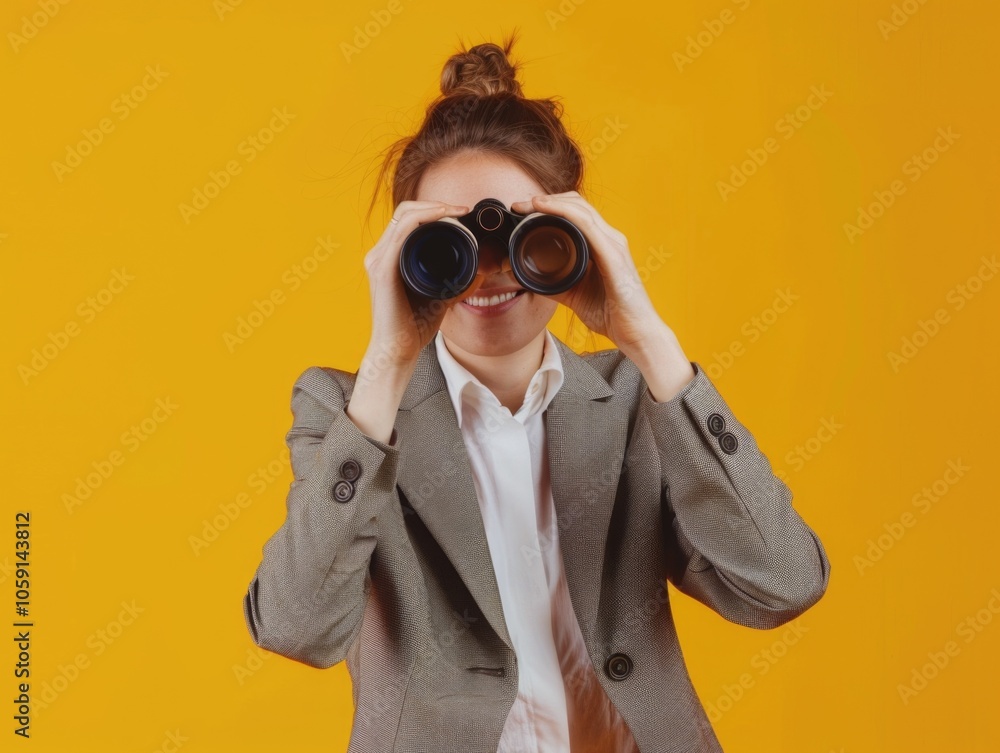 A woman in a business casual outfit peers through binoculars with concentration, possibly searching for something or someone in the distance. A woman in a business casual outfit peers through binoculars with concentration, possibly searching for something or someone in the distance.