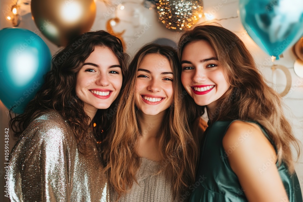 Three joyful friends celebrating with balloons and smiles Three joyful friends celebrating with balloons and smiles