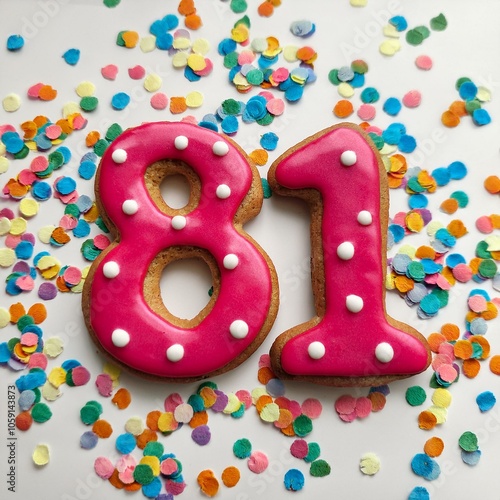 Decorated cookie, number 81, image for birthday or anniversary celebration