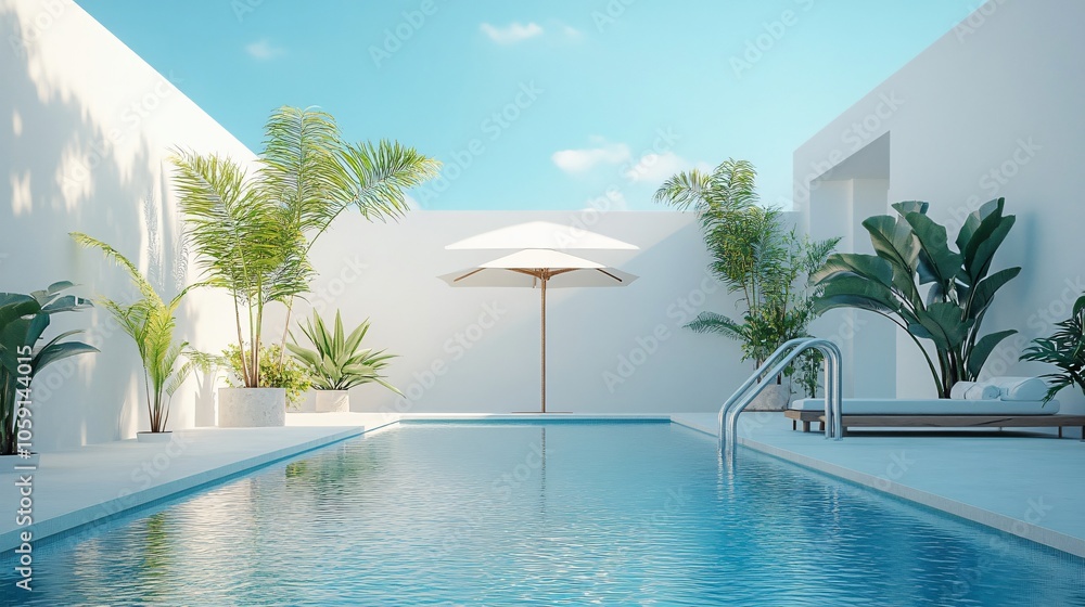Fototapeta premium A Modern Minimalist White Pool Area in Spain: Sunlit Oasis with Umbrella and Ladder