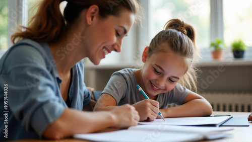 A smiling mother and daughter sharing a moment of learning, working together on schoolwork.