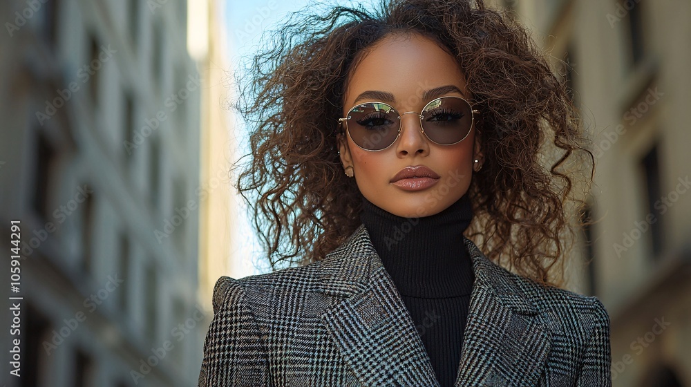A stylish person with curly hair wears sunglasses and a chic outfit, posing confidently in an urban setting. A stylish person with curly hair wears sunglasses and a chic outfit, posing confidently in an urban setting.