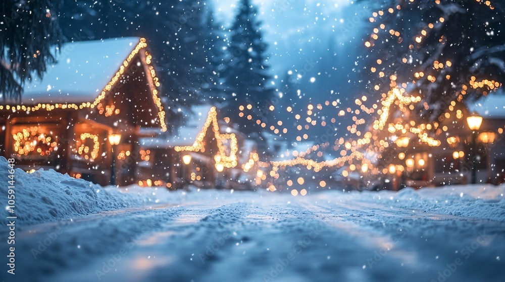 A picturesque winter scene featuring snow-covered cabins adorned with twinkling lights, creating a cozy, enchanting atmosphere in a snowy landscape. A picturesque winter scene featuring snow-covered cabins adorned with twinkling lights, creating a cozy, enchanting atmosphere in a snowy landscape.