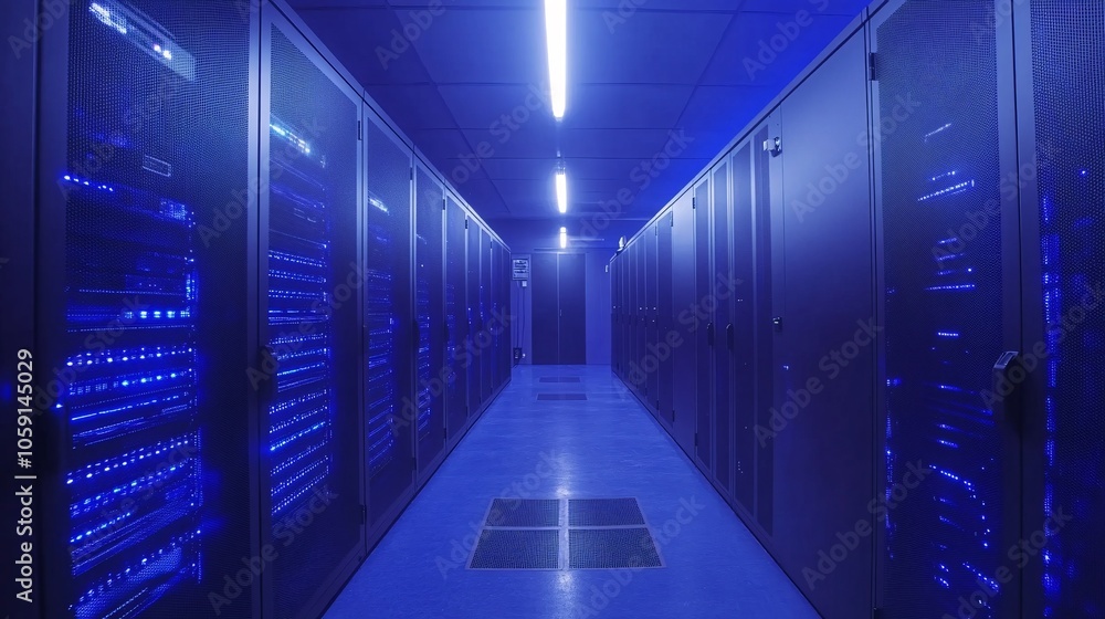 A dimly lit data center corridor with blue LED lights illuminating rows of server racks, creating a modern, tech-savvy atmosphere. A dimly lit data center corridor with blue LED lights illuminating rows of server racks, creating a modern, tech-savvy atmosphere.