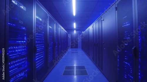 A dimly lit data center corridor with blue LED lights illuminating rows of server racks, creating a modern, tech-savvy atmosphere.