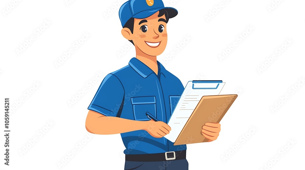 A cheerful cartoon character in a blue uniform holding a clipboard, representing a service or inspection role. A cheerful cartoon character in a blue uniform holding a clipboard, representing a service or inspection role.