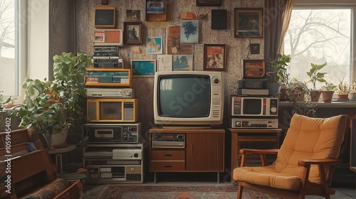 A cozy retro living room featuring vintage electronics, a classic TV, and a gallery wall adorned with framed art and photographs. photo