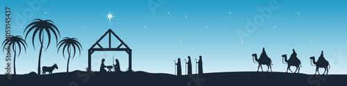 Wise men from the east ride camels in search of the Star of Bethlehem to find the born Jesus Christ. The shepherds also go to the newborn Jesus. 