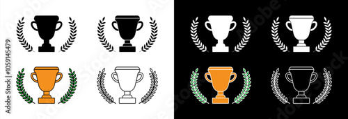 Victory trophy cup with laurel wreath. A set of vector icons.