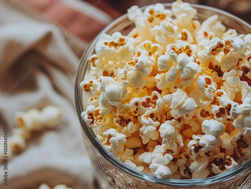 Close-up of popcorn in clear bowl Close-up of popcorn in clear bowl