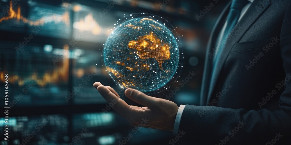 Fototapeta premium A man in a suit holding a holographic device with digital information, symbolizing global technology and finance.