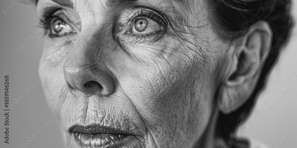 Mature woman with vibrant green eyes and expressive face. Soft facial features, evident age lines, and subtle makeup. Mature woman with vibrant green eyes and expressive face. Soft facial features, evident age lines, and subtle makeup.