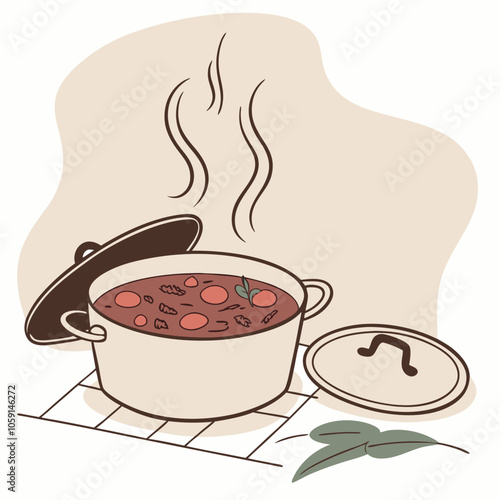 A simple illustration of a pot of steaming soup on a stovetop, perfect for adding a cozy and comforting touch to your designs. This image is ideal for food-related projects, home decor.