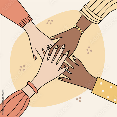 A heartwarming illustration depicting four hands of different skin tones stacked on top of each other, symbolizing unity, collaboration, and diversity.