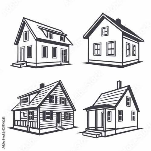 A set of four black and white illustrations of different houses. The houses are drawn in a simple, vintage style, perfect for use in design projects, branding, or illustrations.