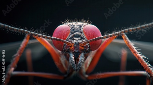 Close-up of a mosquito highlighting its vibrant red eyes and intricate features.