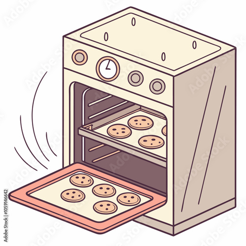 An illustration of an oven with a tray of freshly baked cookies, ready to be enjoyed. The oven door is open, revealing the golden-brown treats inside.