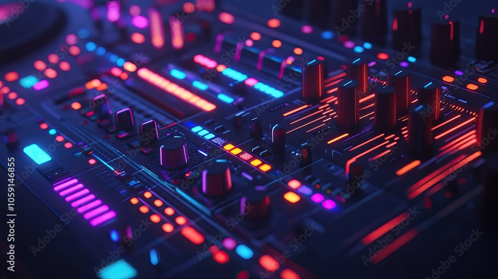 Close-up of a DJ Mixer with Colorful Lights Reflecting on the Surface Close-up of a DJ Mixer with Colorful Lights Reflecting on the Surface