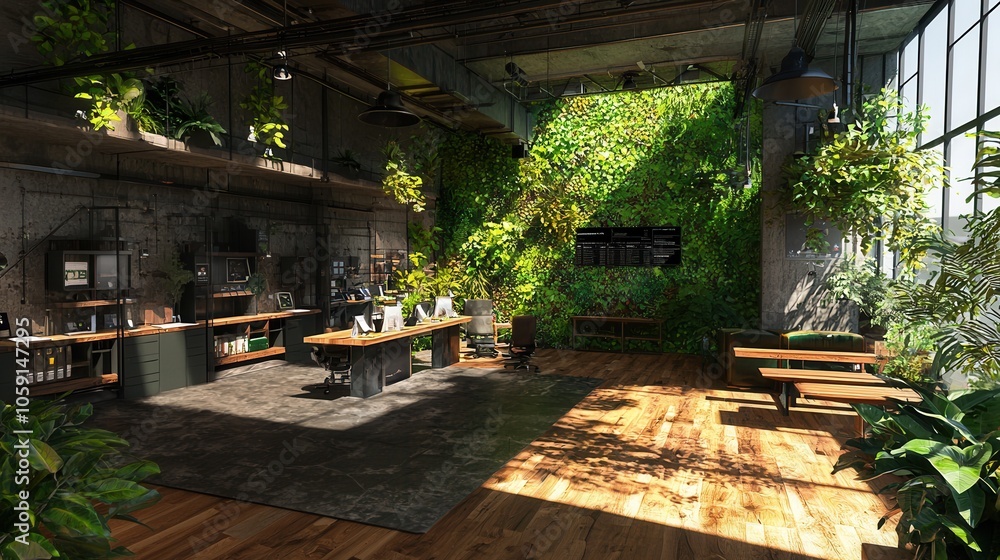 Obraz premium Modern office space with lush greenery, wooden floors, and industrial design, creating a bright, inviting atmosphere.