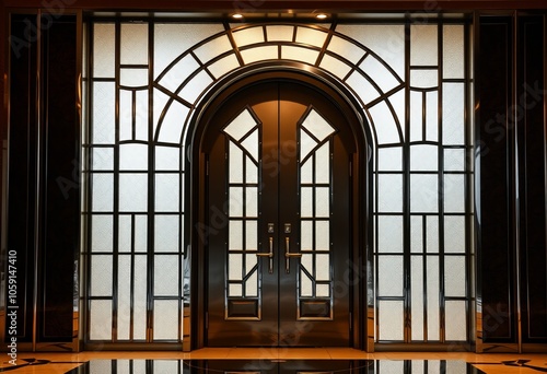 Art deco doorway Geometric patterns in chrome and glass surround