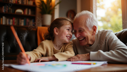 A joyful moment shared between a young girl and an elderly man as they look at drawings on paper. photo