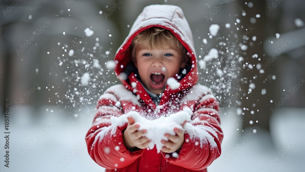 A happy child in red sweater playing snows in the park. A happy child in red sweater playing snows in the park.