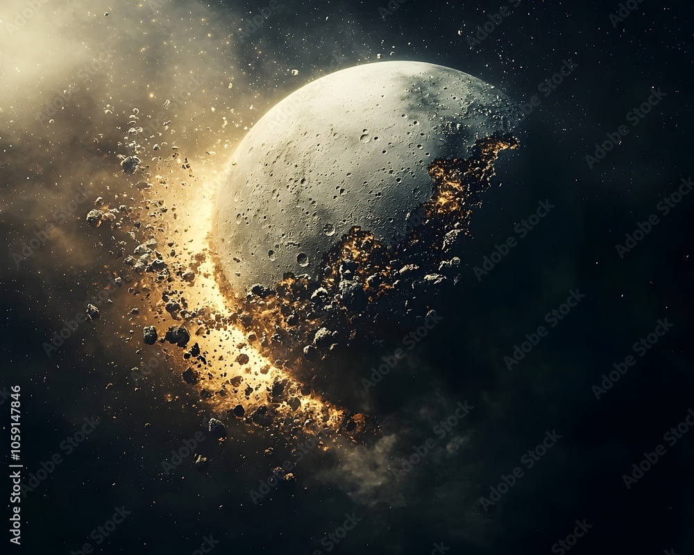 Naklejka premium Disintegrating Moon Orbiting Dying Planet Cosmic Era s End Symbolized in Drifting Debris