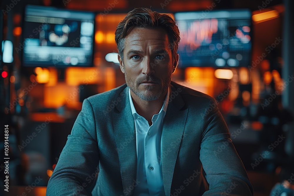 A professional journalist is seated behind a news desk in a modern news studio. Generative AI A professional journalist is seated behind a news desk in a modern news studio. Generative AI