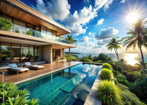 Stunning Beachfront Villa with Modern Design and Infinity Pool Surrounded by Lush Greenery on a Sunny Day - Luxury Real Estate, Eco-Friendly Design, Tropical Paradise