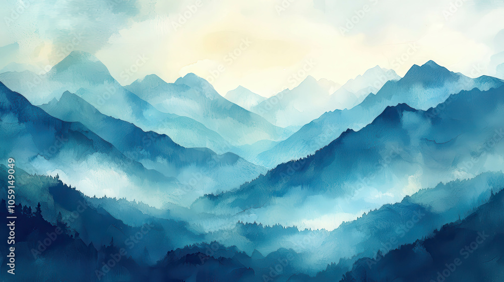 Fototapeta premium Misty Blue Mountainscape: A serene watercolor painting of majestic mountains shrouded in mist, evoking a sense of tranquility and wonder. Perfect for meditation, travel, or nature-themed projects. 